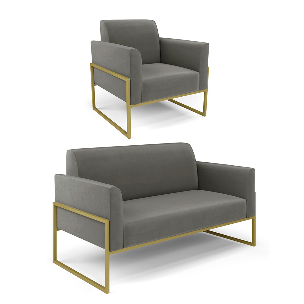 Sofá Namoradeira com Poltrona Base Industrial Alta Dourado Marisa Suede Grafite D03 - D'Rossi