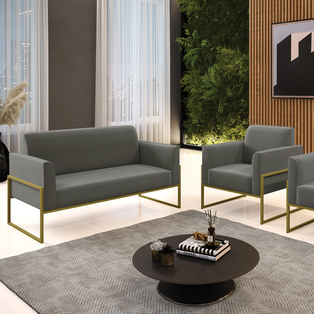 Sofá Namoradeira com Poltrona Base Industrial Alta Dourado Marisa Suede Grafite D03 - D'Rossi