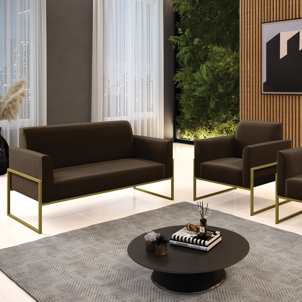 Sofá Namoradeira com Poltrona Base Industrial Alta Dourado Marisa Suede Marrom D03 - D'Rossi