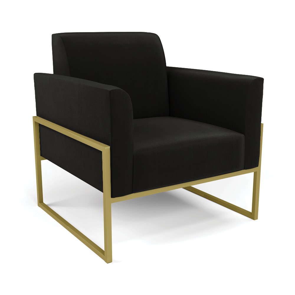Sofá Namoradeira com Poltrona Base Industrial Alta Dourado Marisa Suede Preto D03 - D'Rossi