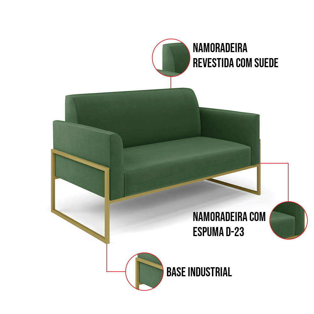 Sofá Namoradeira com Poltrona Base Industrial Alta Dourado Marisa Suede Verde D03 - D'Rossi