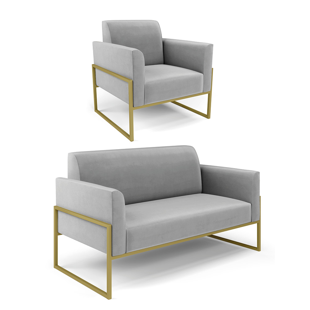 Sofá Namoradeira com Poltrona Base Industrial Alta Dourado Marisa Veludo Cinza D03 - D'Rossi