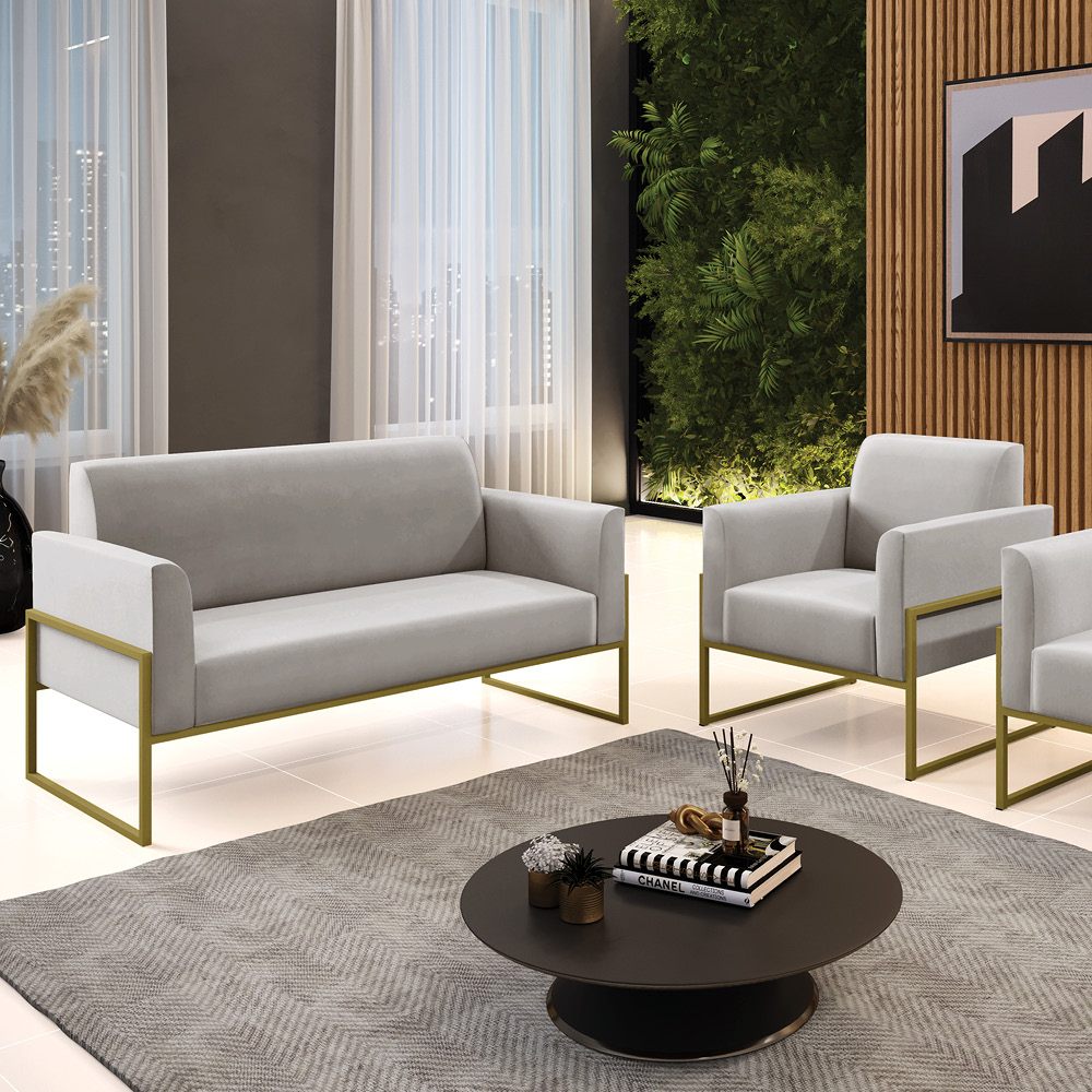 Sofá Namoradeira com Poltrona Base Industrial Alta Dourado Marisa Veludo Cinza D03 - D'Rossi