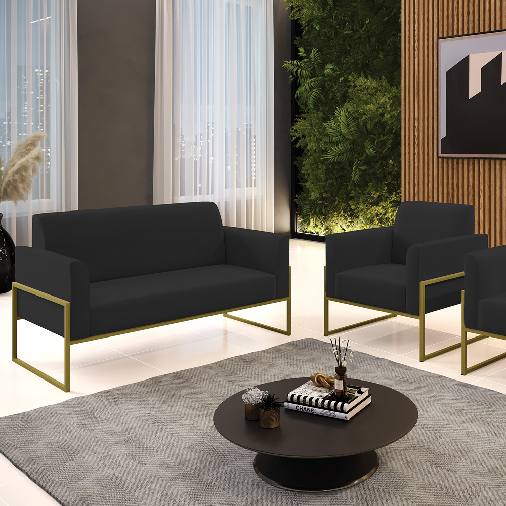Sofá Namoradeira com Poltrona Base Industrial Alta Dourado Marisa Veludo Preto D03 - D'Rossi