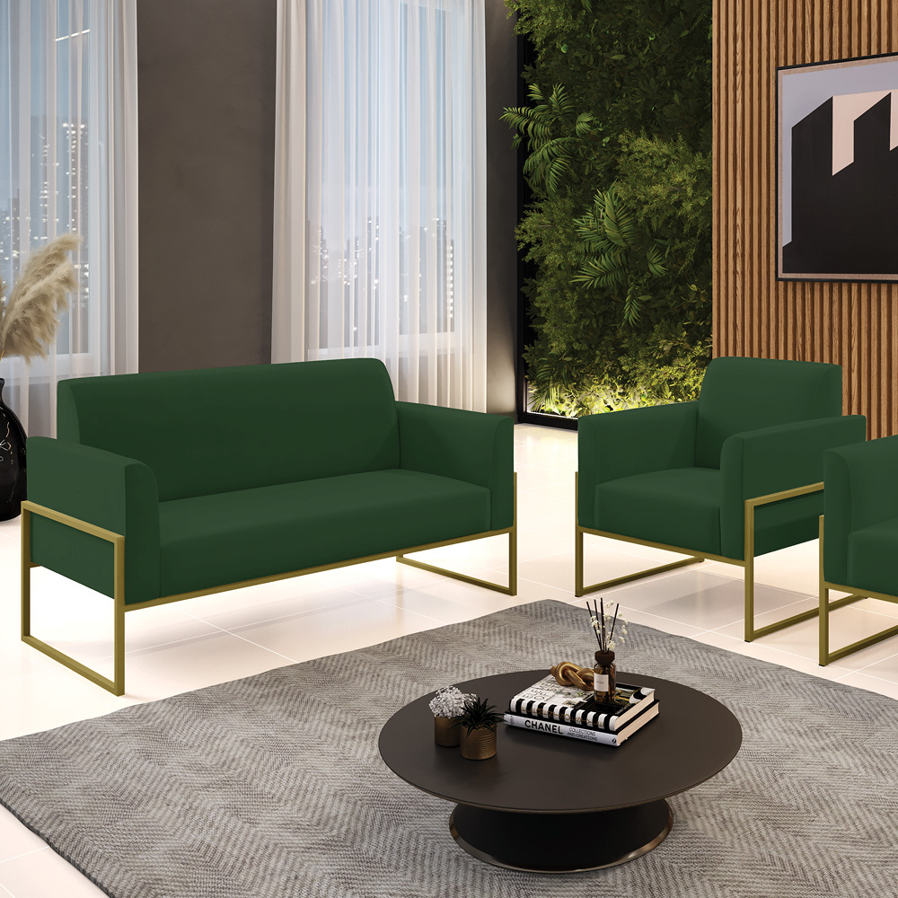 Sofá Namoradeira com Poltrona Base Industrial Alta Dourado Marisa Veludo Verde D03 - D'Rossi