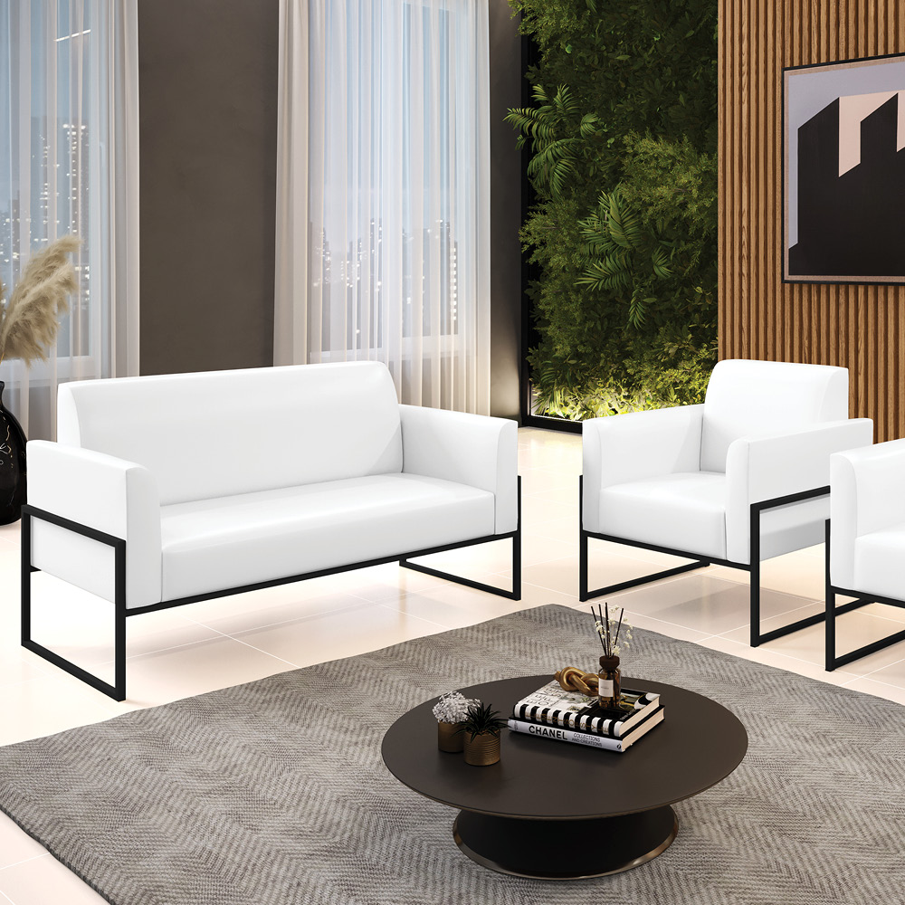 Sofá Namoradeira com Poltrona Base Industrial Alta Preto Marisa Corano Branco D03 - D'Rossi