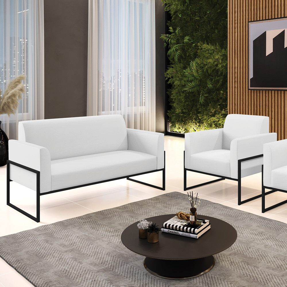 Sofá Namoradeira com Poltrona Base Industrial Alta Preto Marisa Corino Branco D03 - D'Rossi