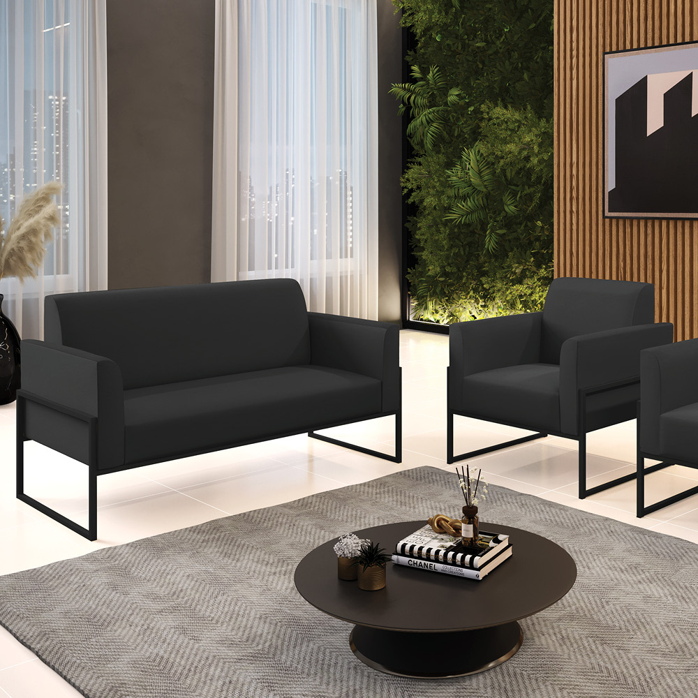 Sofá Namoradeira com Poltrona Base Industrial Alta Preto Marisa Corino Preto D03 - D'Rossi