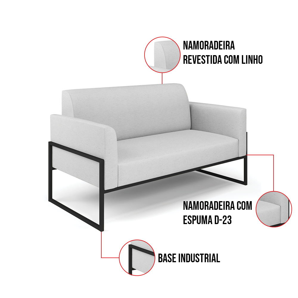 Sofá Namoradeira com Poltrona Base Industrial Alta Preto Marisa Linho Cinza A05 D03 - D'Rossi