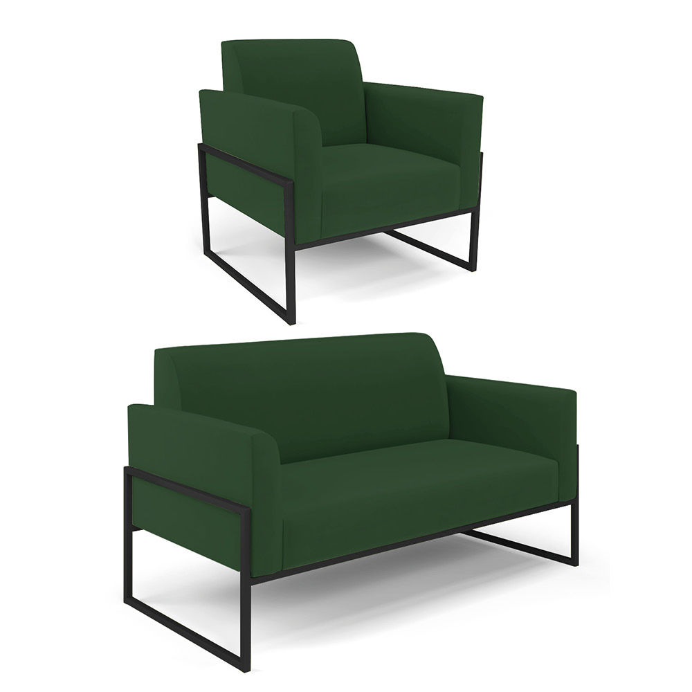 Sofá Namoradeira com Poltrona Base Industrial Alta Preto Marisa Veludo Verde D03 - D'Rossi