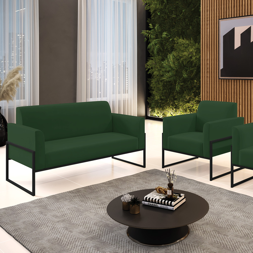 Sofá Namoradeira com Poltrona Base Industrial Alta Preto Marisa Veludo Verde D03 - D'Rossi