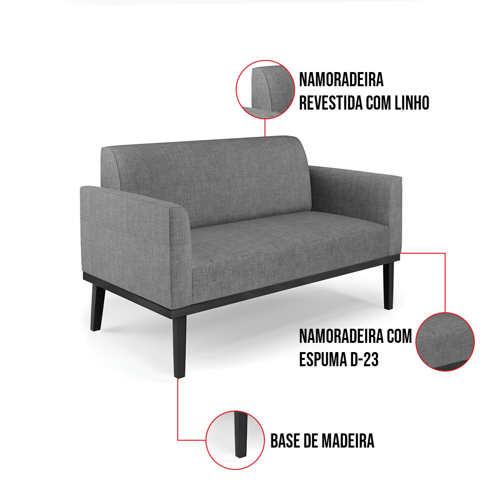 Sofá Namoradeira com Poltrona Base de Madeira Fixa Preto Marisa Linho Grafite A26  D03 - D'Rossi