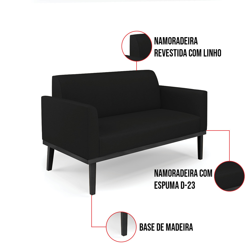 Sofá Namoradeira com Poltrona Base de Madeira Fixa Preto Marisa Linho Preto A79  D03 - D'Rossi