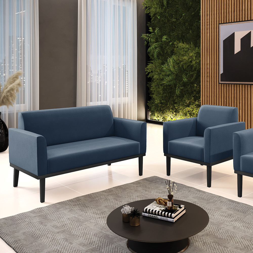 Sofá Namoradeira com Poltrona Base de Madeira Fixa Preto Marisa Suede Azul Marinho  D03 - D'Rossi