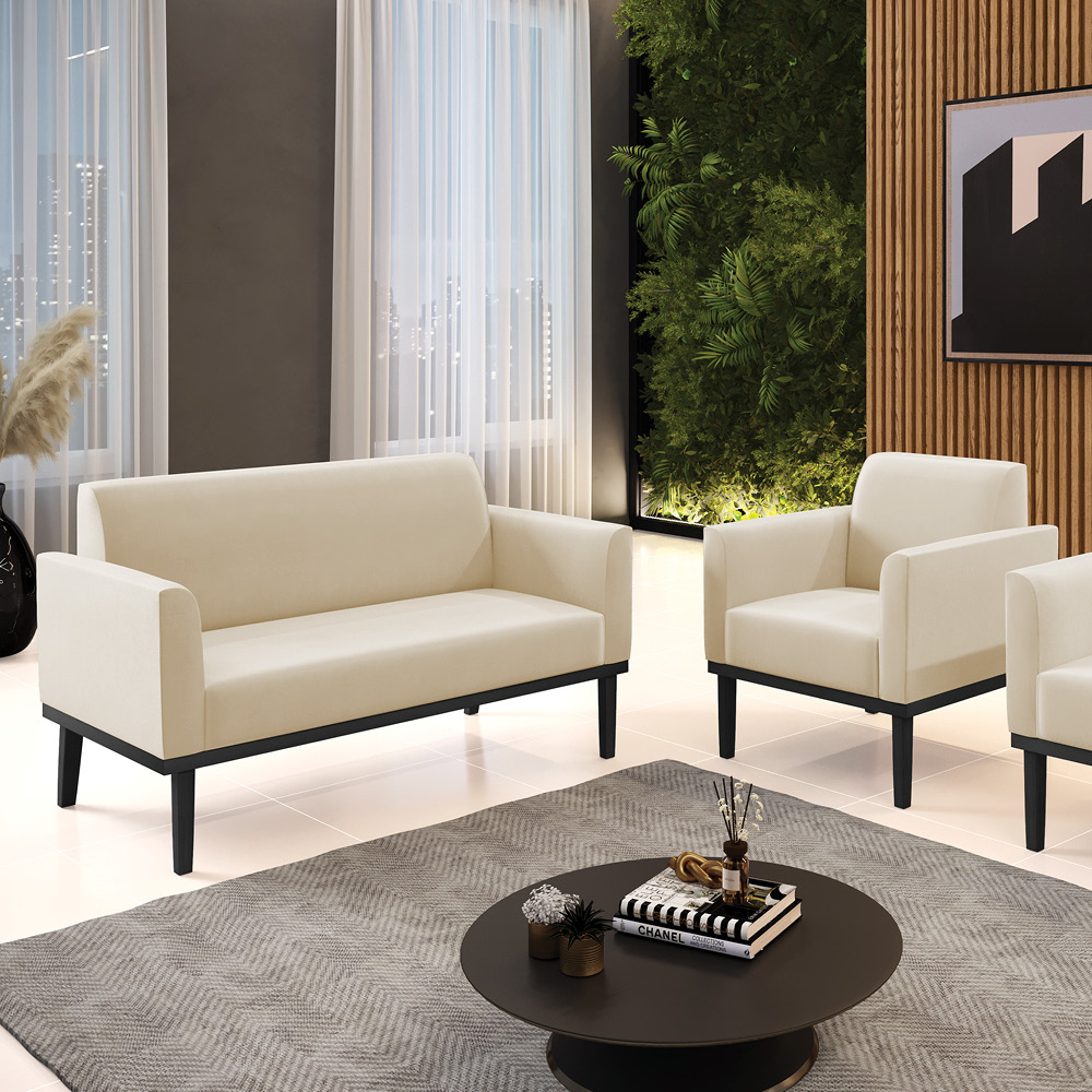 Sofá Namoradeira com Poltrona Base de Madeira Fixa Preto Marisa Suede Bege  D03 - D'Rossi
