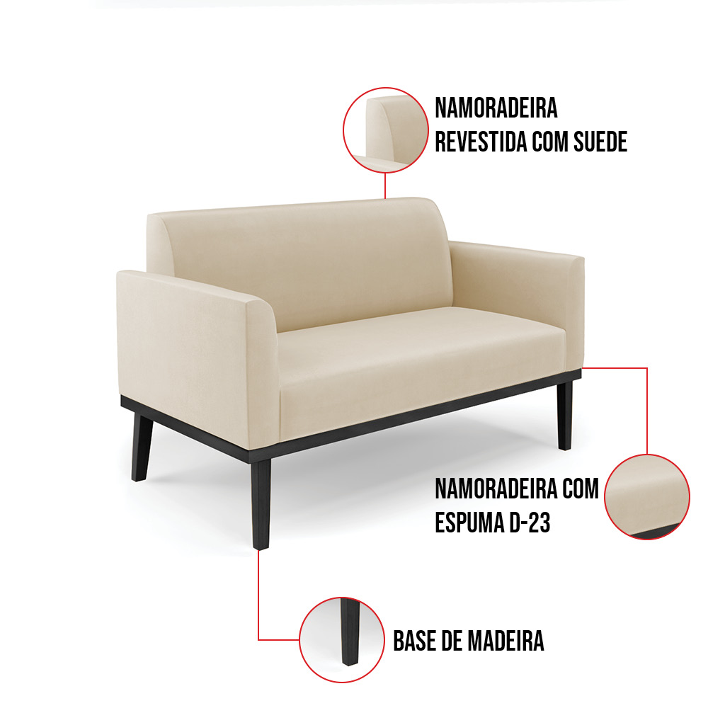 Sofá Namoradeira com Poltrona Base de Madeira Fixa Preto Marisa Suede Bege  D03 - D'Rossi