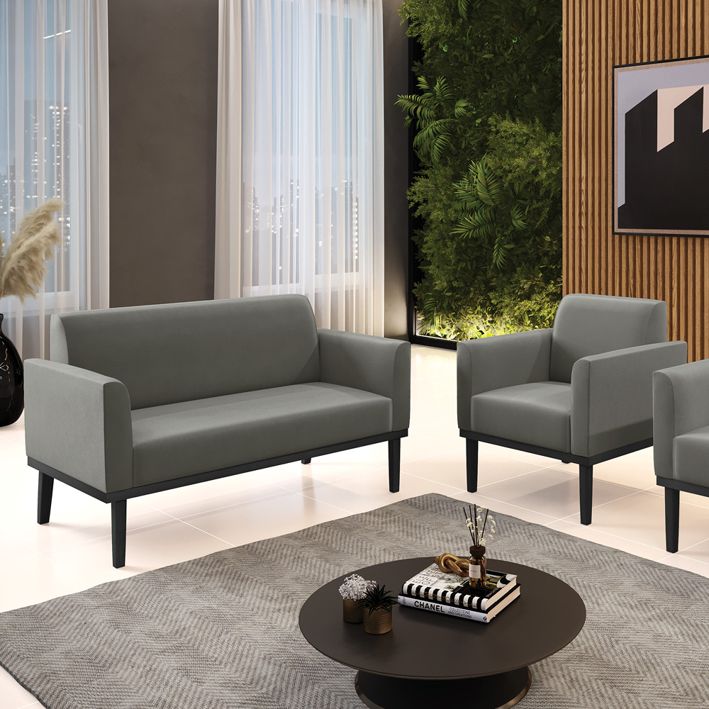 Sofá Namoradeira com Poltrona Base de Madeira Fixa Preto Marisa Suede Grafite  D03 - D'Rossi