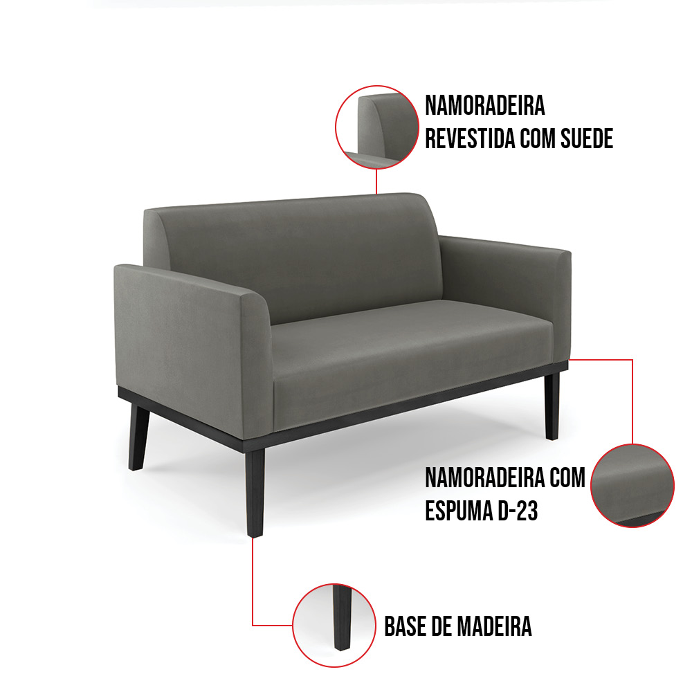 Sofá Namoradeira com Poltrona Base de Madeira Fixa Preto Marisa Suede Grafite  D03 - D'Rossi