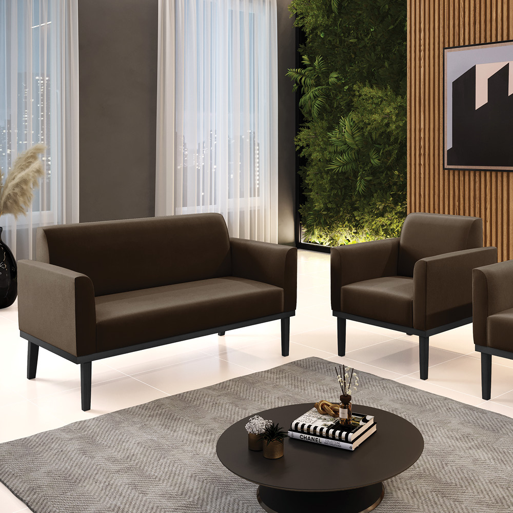 Sofá Namoradeira com Poltrona Base de Madeira Fixa Preto Marisa Suede Marrom  D03 - D'Rossi