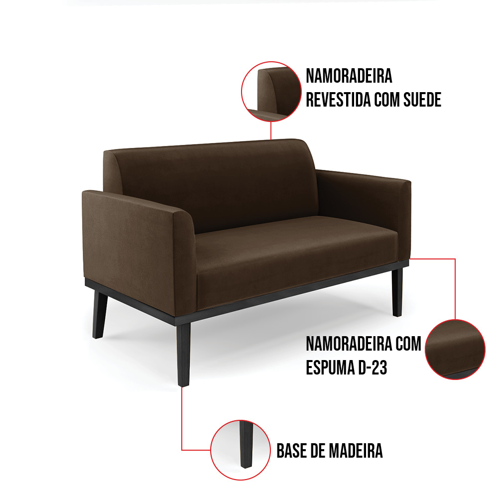 Sofá Namoradeira com Poltrona Base de Madeira Fixa Preto Marisa Suede Marrom  D03 - D'Rossi