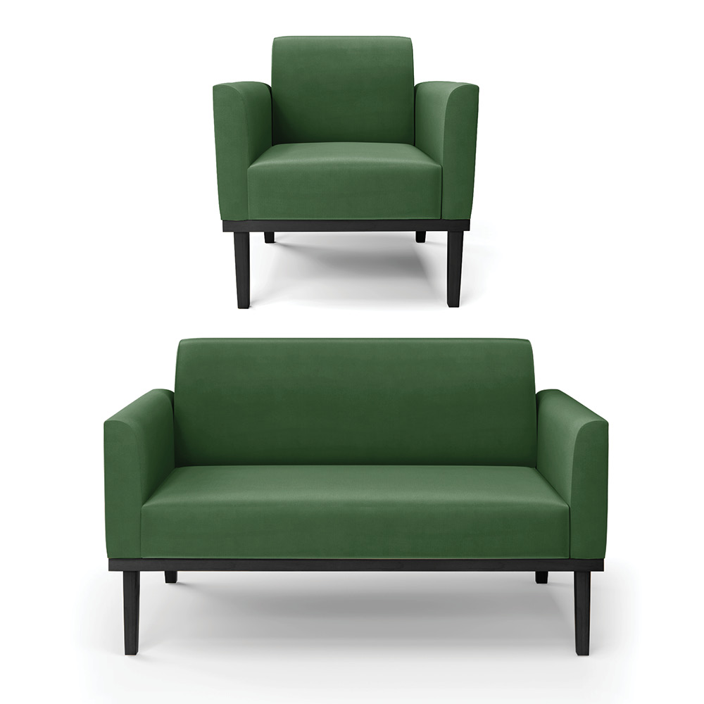 Sofá Namoradeira com Poltrona Base de Madeira Fixa Preto Marisa Suede Verde  D03 - D'Rossi