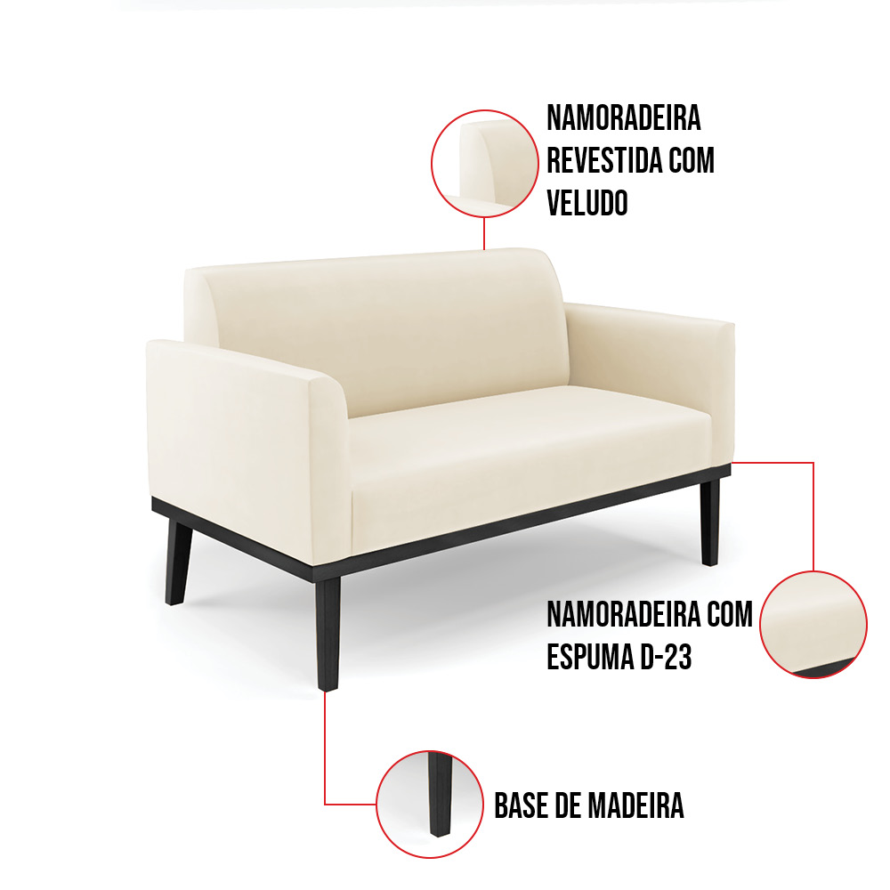 Sofá Namoradeira com Poltrona Base de Madeira Fixa Preto Marisa Veludo Bege D03 - D'Rossi