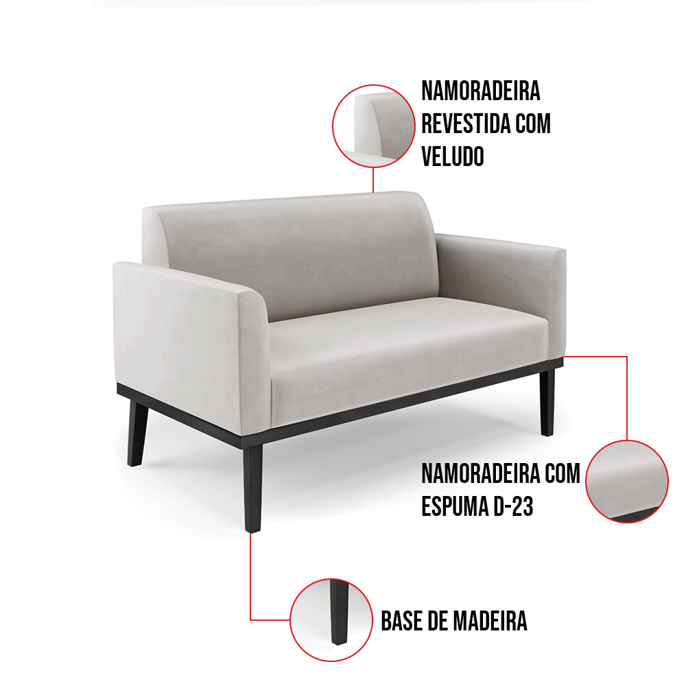 Sofá Namoradeira com Poltrona Base de Madeira Fixa Preto Marisa Veludo Cinza D03 - D'Rossi