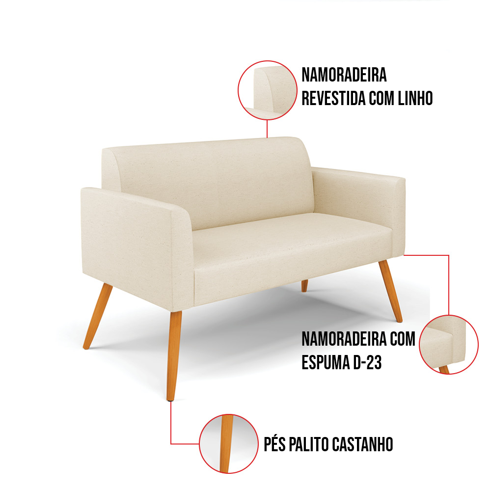 Sofá Namoradeira com Poltrona Pés Palito Castanho Marisa Linho Bege A19 D03 - D'Rossi