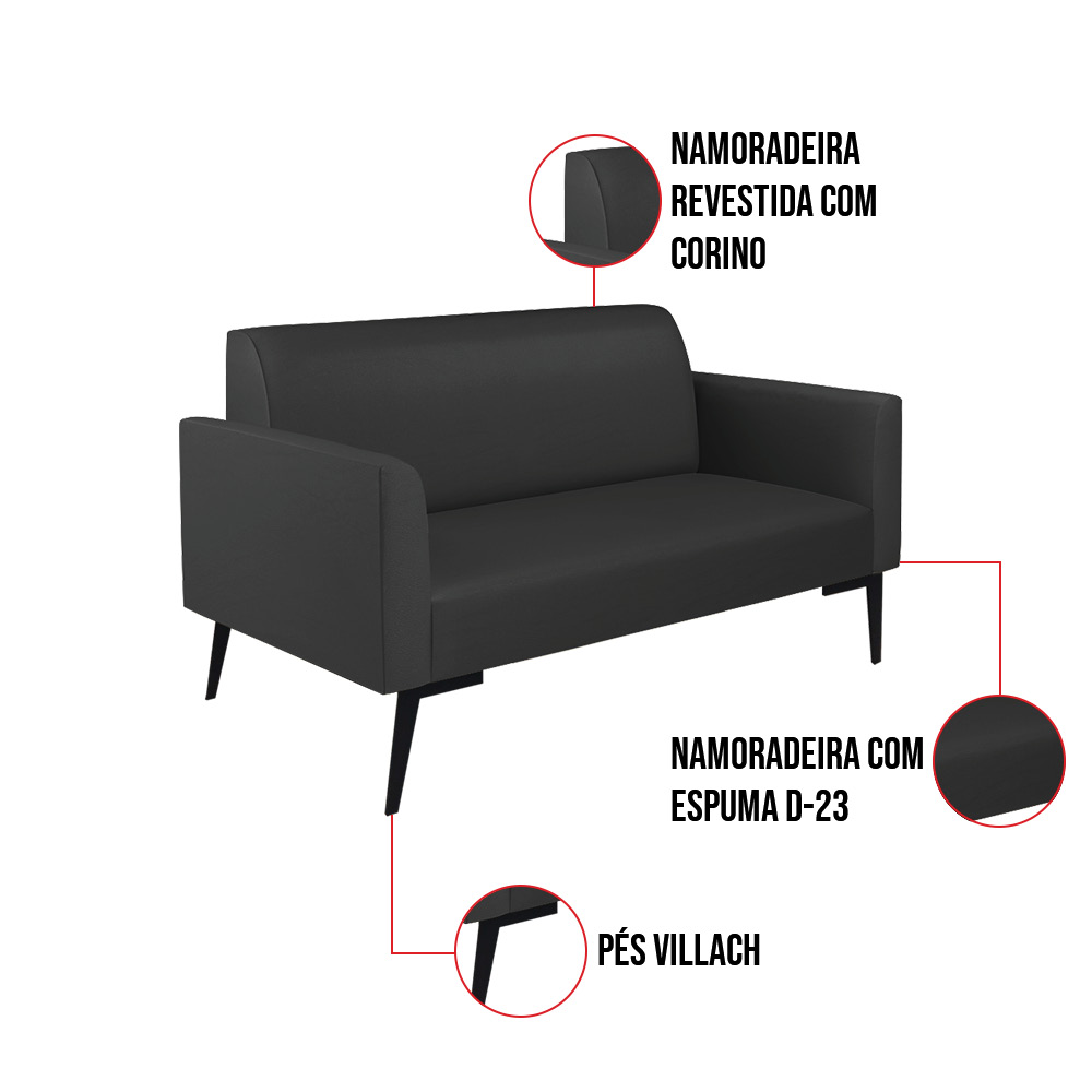 Sofá Namoradeira com Poltrona Pés Villach Marisa Corino Preto D03 - D'Rossi