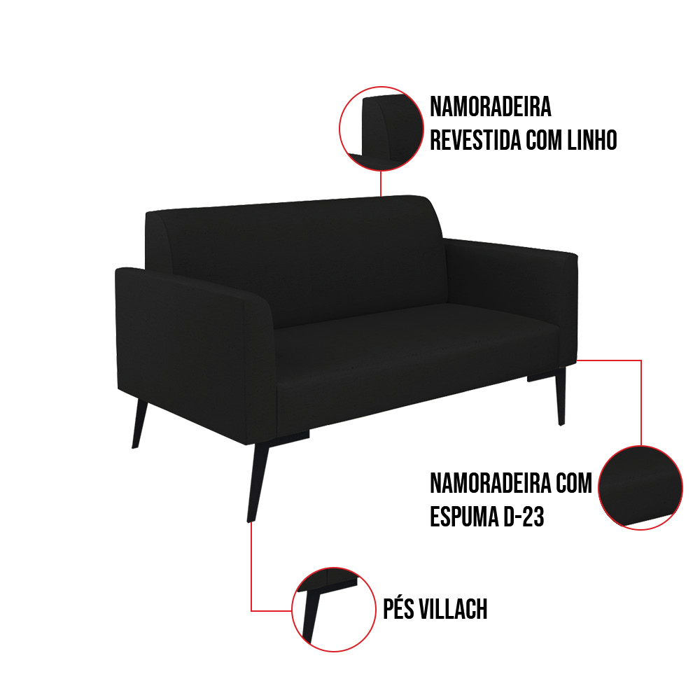 Sofá Namoradeira com Poltrona Pés Villach Marisa Linho Preto A79 D03 - D'Rossi