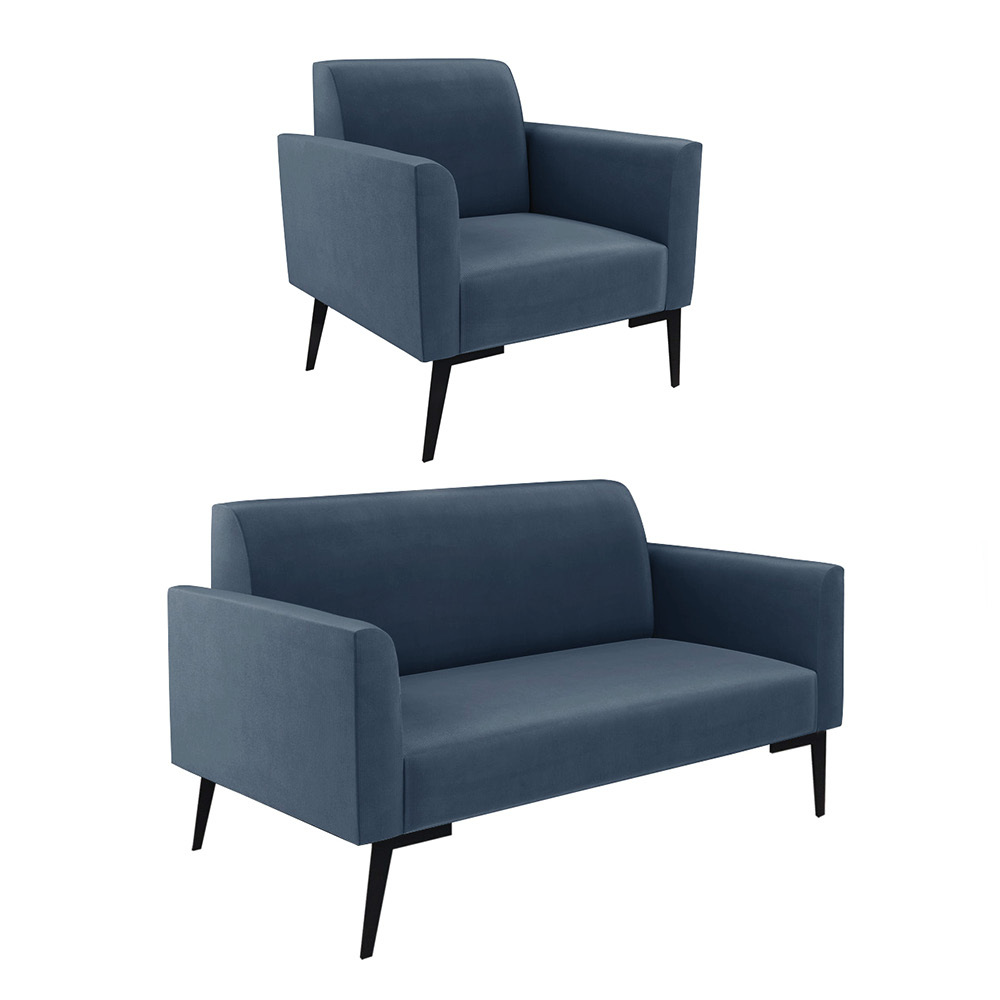 Sofá Namoradeira com Poltrona Pés Villach Marisa Suede Azul Marinho D03 - D'Rossi