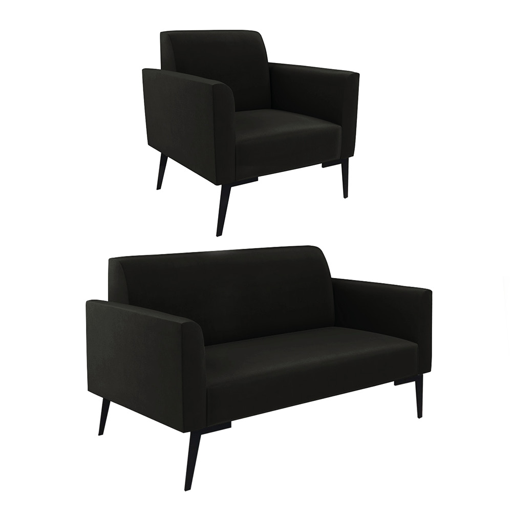 Sofá Namoradeira com Poltrona Pés Villach Marisa Suede Preto D03 - D'Rossi