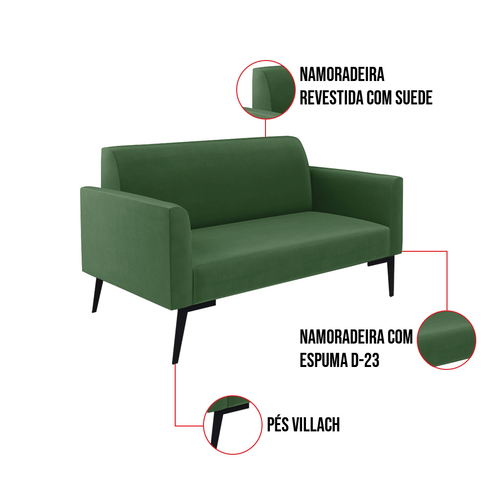 Sofá Namoradeira com Poltrona Pés Villach Marisa Suede Verde D03 - D'Rossi