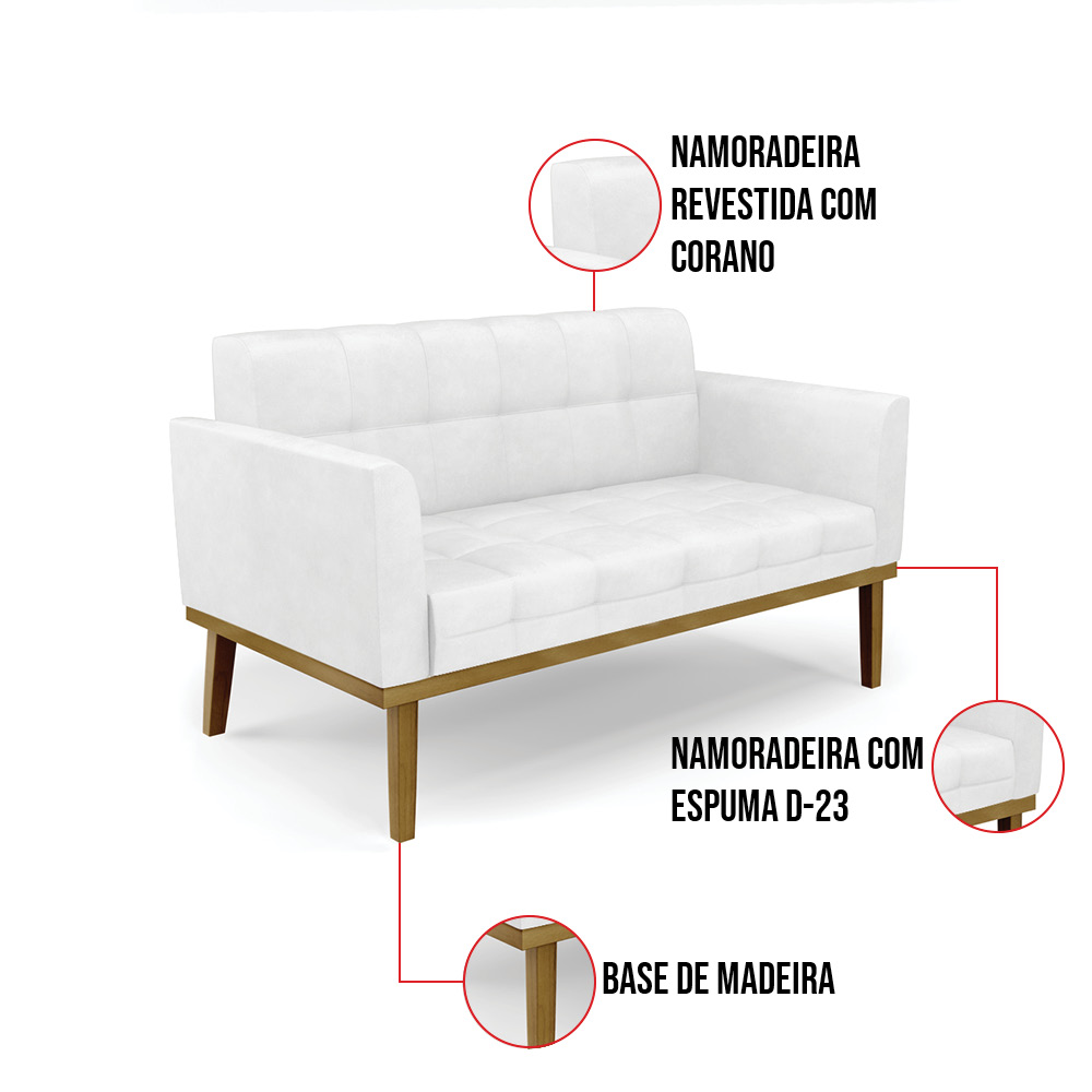 Sofá Namoradeira e 2 Poltronas Base Madeira Castanho Elisa Corano Branco D03 - D'Rossi