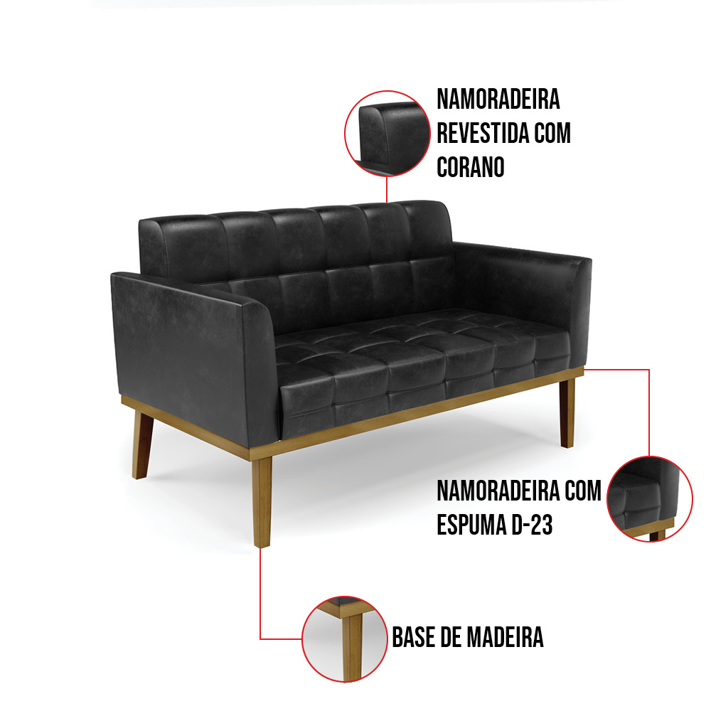 Sofá Namoradeira e 2 Poltronas Base Madeira Castanho Elisa Corano Preto D03 - D'Rossi