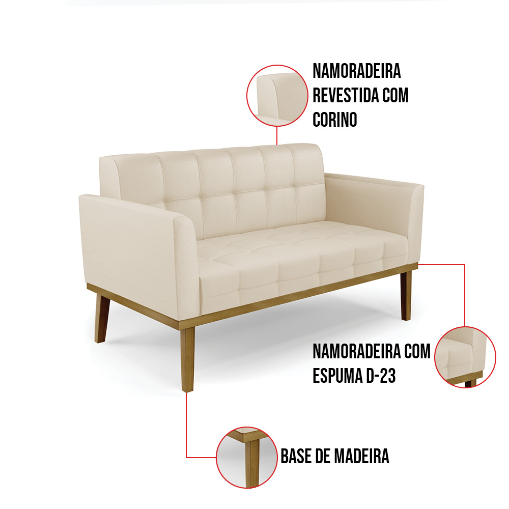 Sofá Namoradeira e 2 Poltronas Base Madeira Castanho Elisa Corino Bege D03 - D'Rossi
