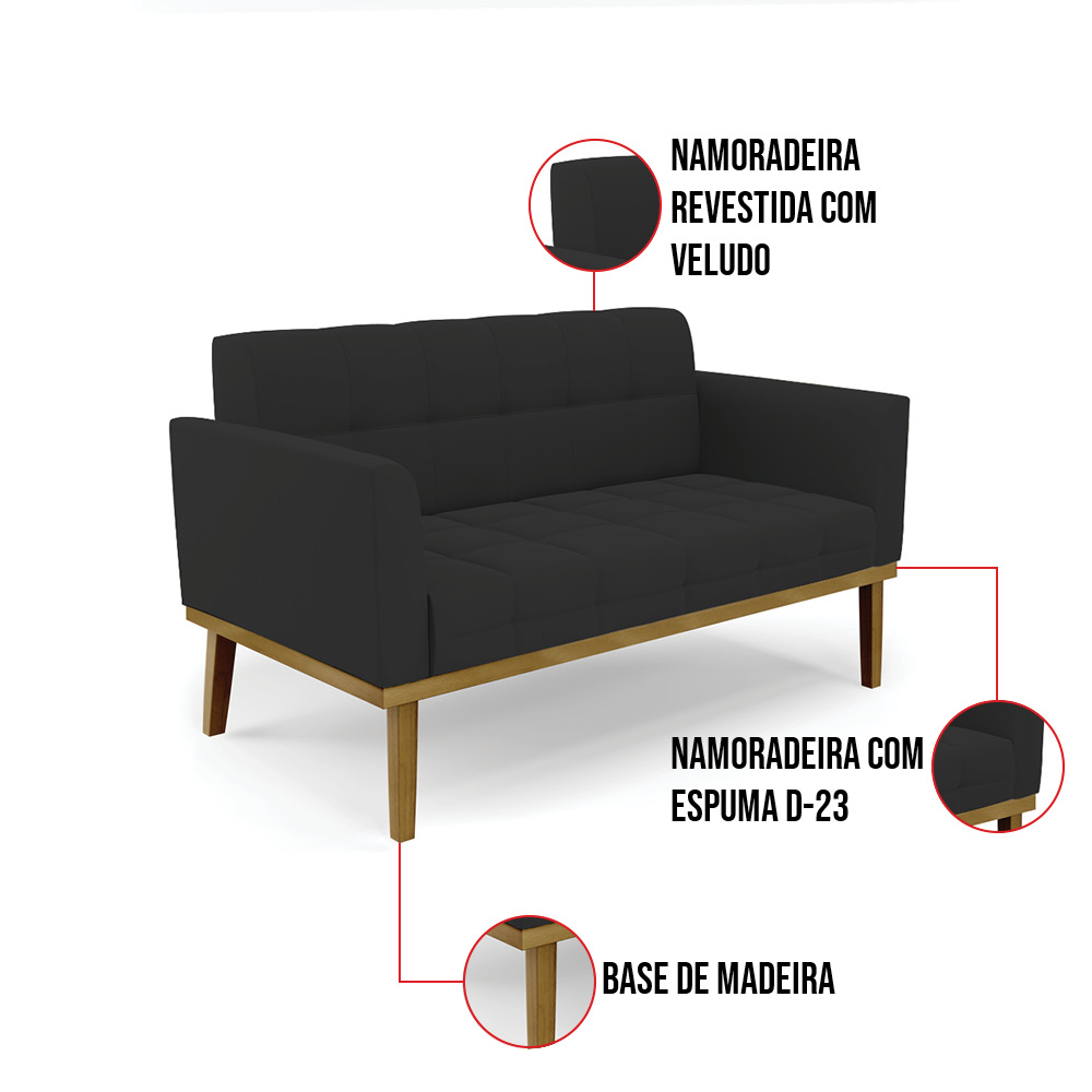 Sofá Namoradeira e 2 Poltronas Base Madeira Castanho Elisa Veludo Preto D03 - D'Rossi