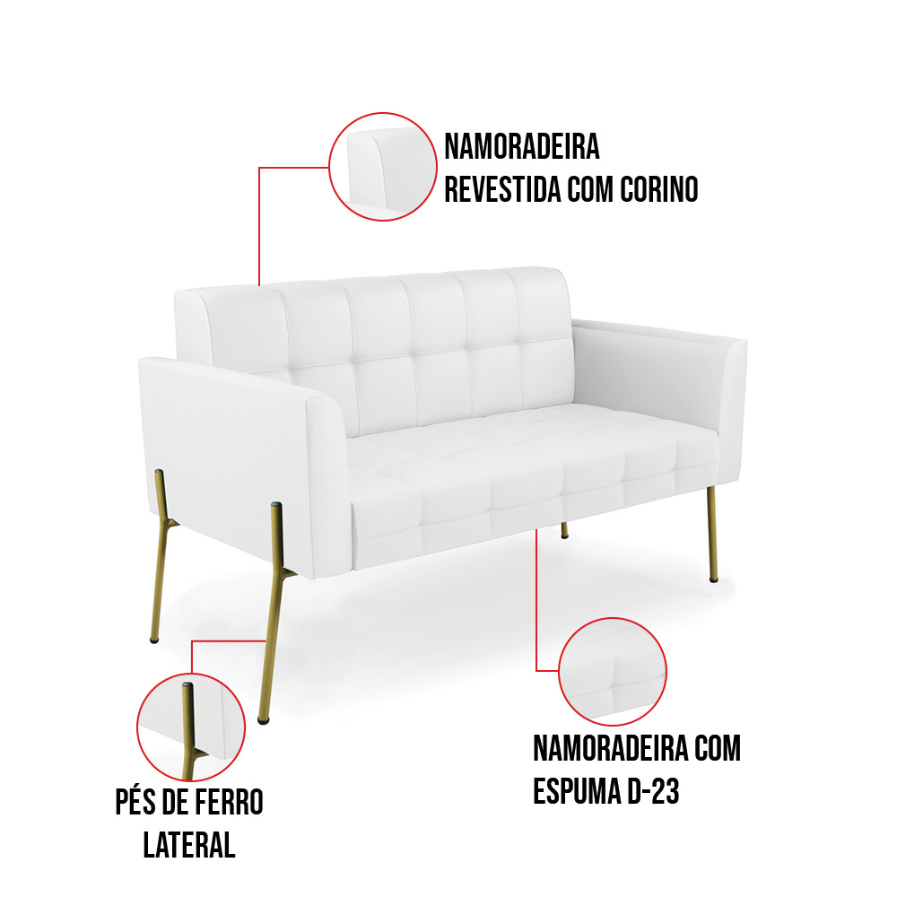 Sofá Namoradeira e 2 Poltronas Pé de Ferro Dourado Elisa Corino Branco D03 - D'Rossi