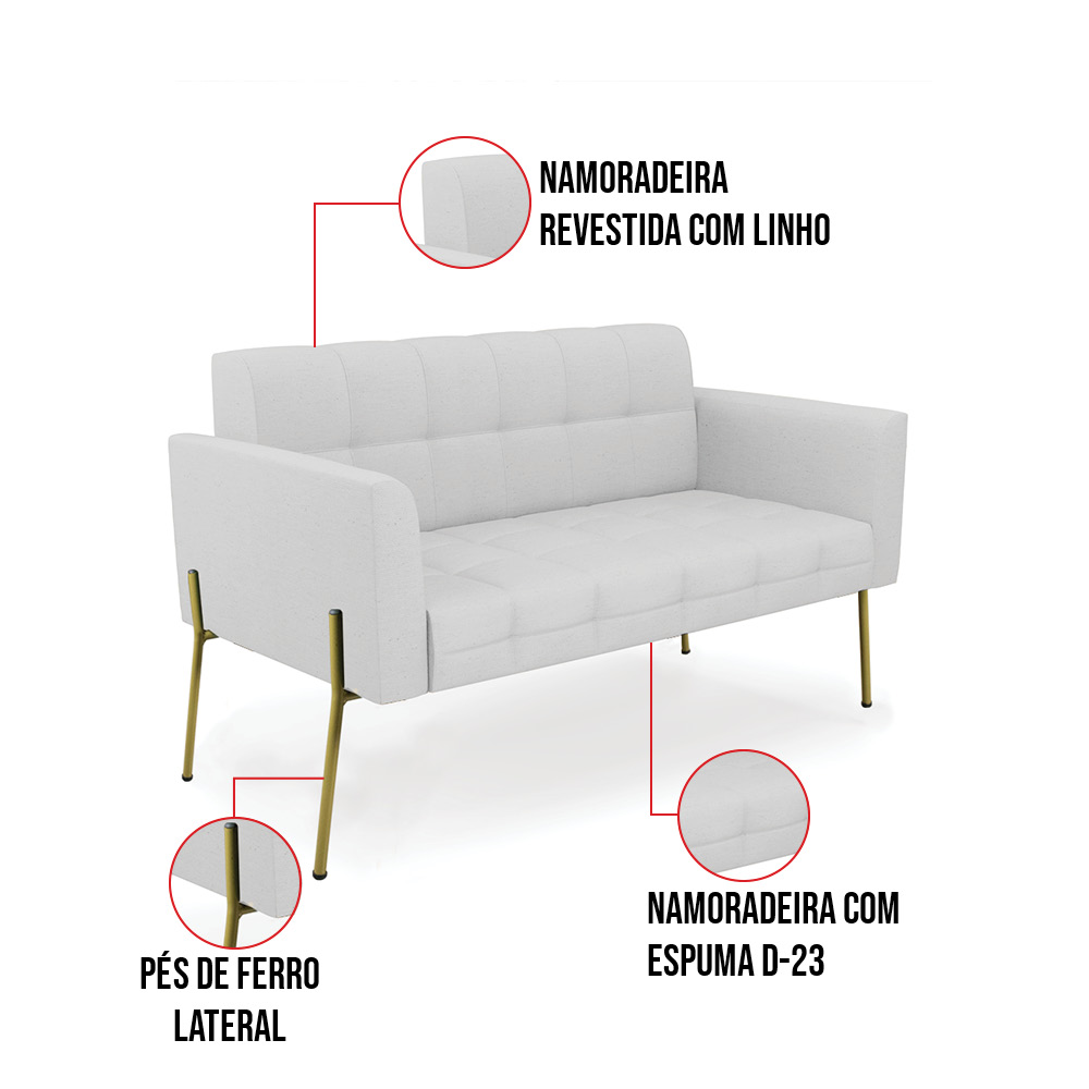 Sofá Namoradeira e 2 Poltronas Pé de Ferro Dourado Elisa Linho Cinza A05 D03 - D'Rossi