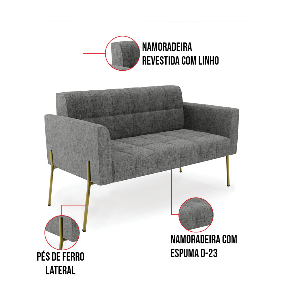 Sofá Namoradeira e 2 Poltronas Pé de Ferro Dourado Elisa Linho Grafite A26 D03 - D'Rossi