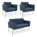 Sofá Namoradeira e 2 Poltronas Pé de Ferro Dourado Elisa Suede Azul Marinho D03 - D'Rossi