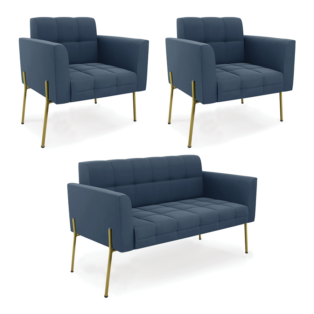 Sofá Namoradeira e 2 Poltronas Pé de Ferro Dourado Elisa Suede Azul Marinho D03 - D'Rossi