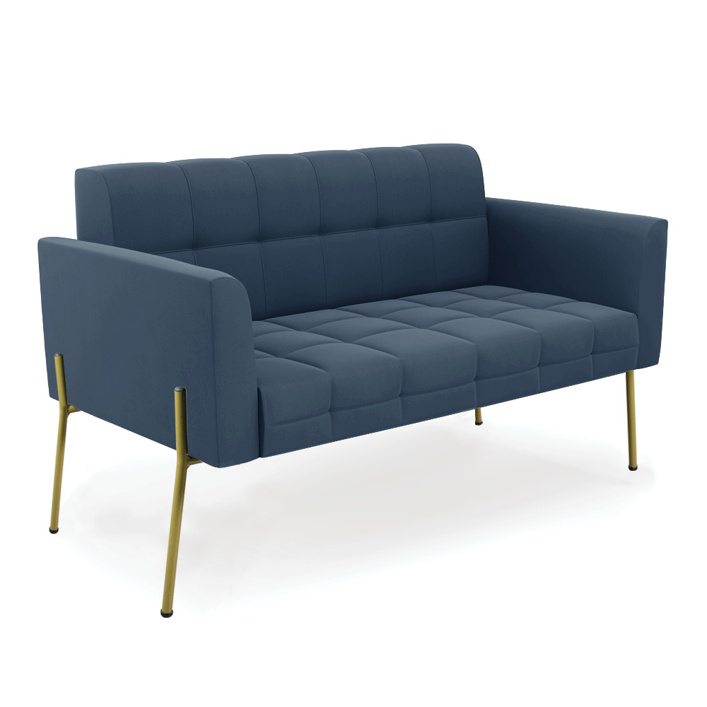 Sofá Namoradeira e 2 Poltronas Pé de Ferro Dourado Elisa Suede Azul Marinho D03 - D'Rossi