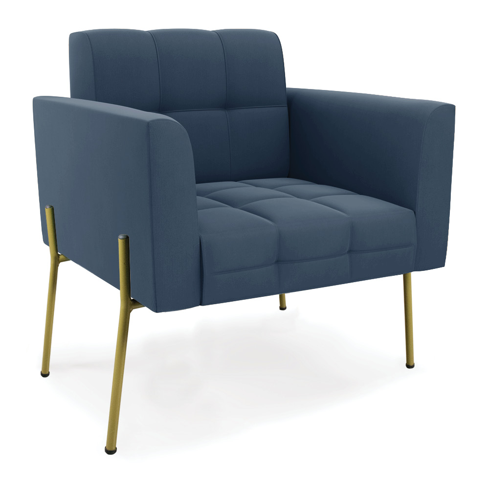 Sofá Namoradeira e 2 Poltronas Pé de Ferro Dourado Elisa Suede Azul Marinho D03 - D'Rossi