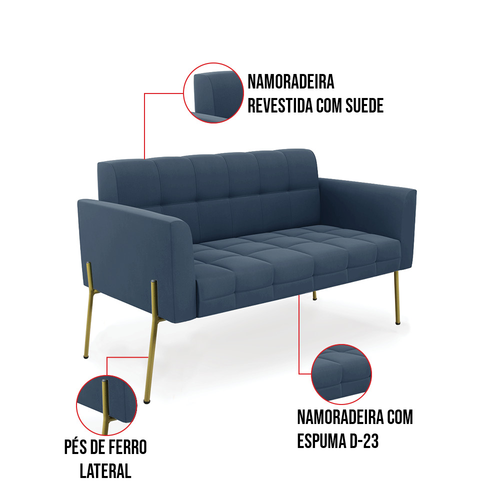 Sofá Namoradeira e 2 Poltronas Pé de Ferro Dourado Elisa Suede Azul Marinho D03 - D'Rossi