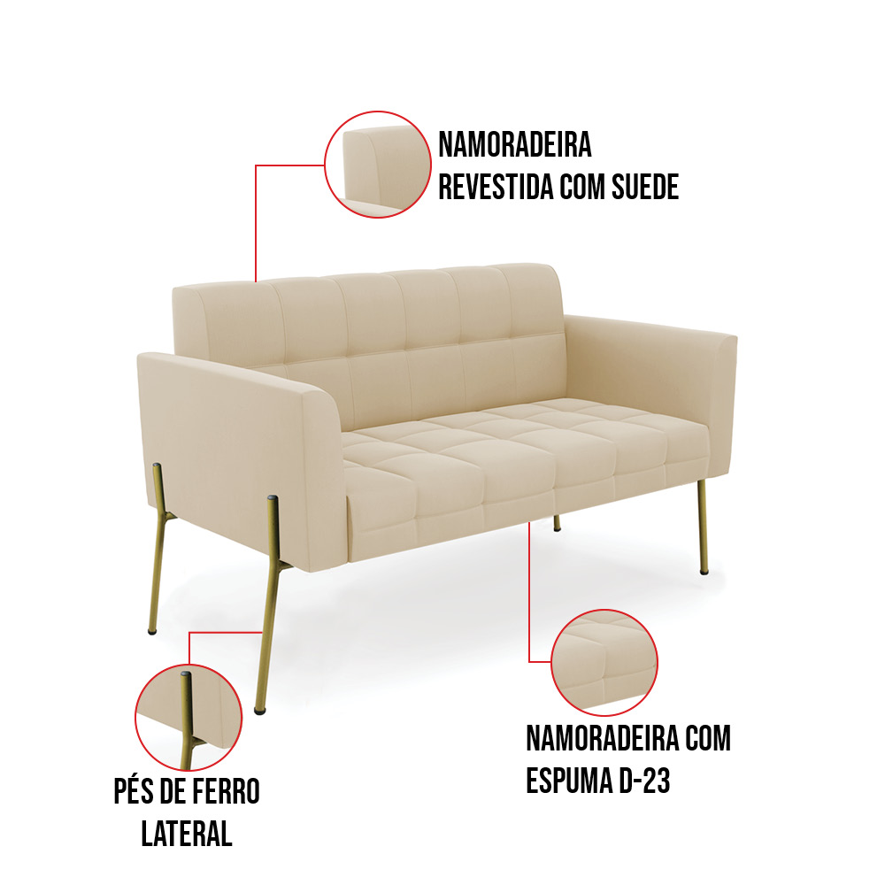 Sofá Namoradeira e 2 Poltronas Pé de Ferro Dourado Elisa Suede Bege D03 - D'Rossi