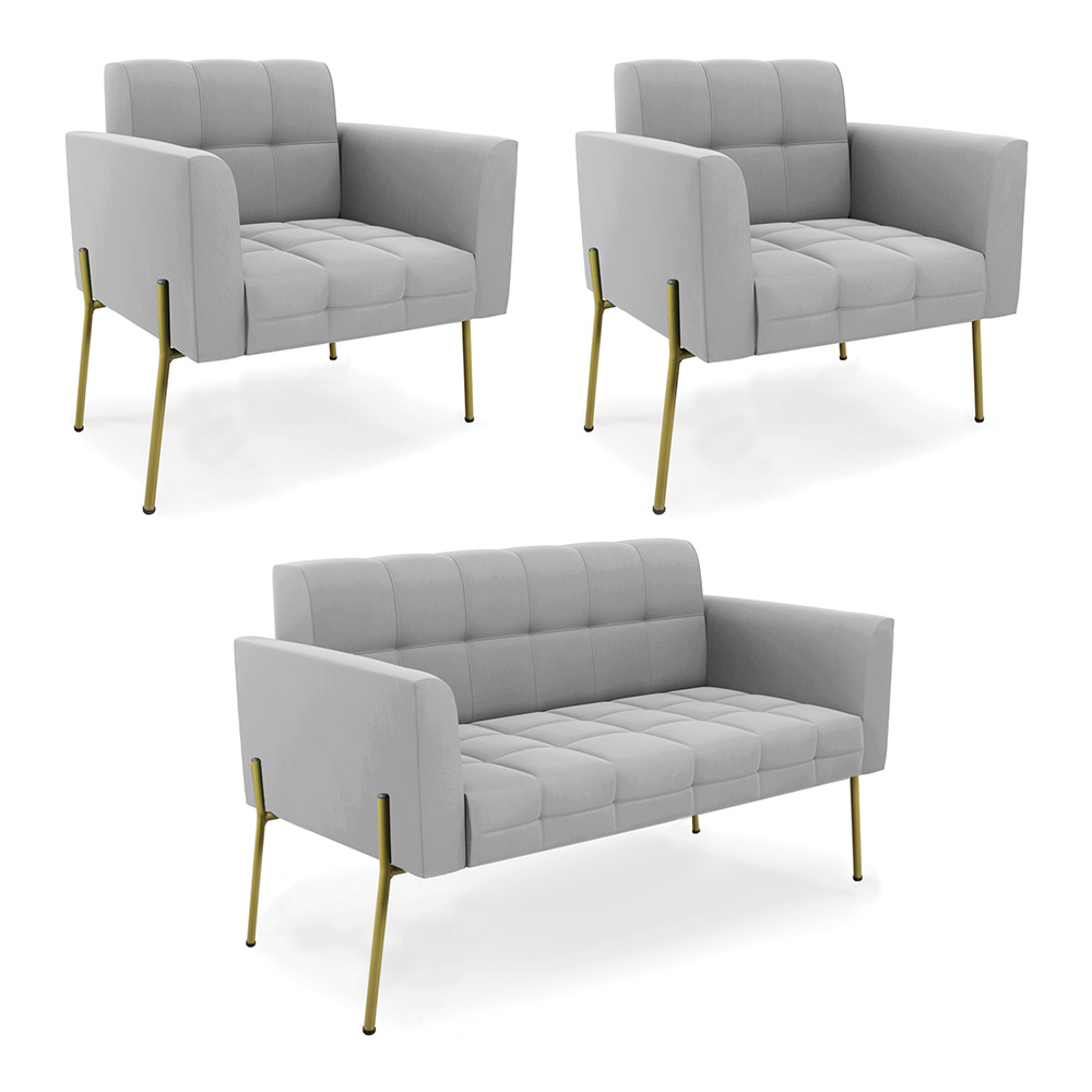 Sofá Namoradeira e 2 Poltronas Pé de Ferro Dourado Elisa Suede Cinza D03 - D'Rossi
