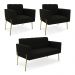 Sofá Namoradeira e 2 Poltronas Pé de Ferro Dourado Elisa Suede Preto D03 - D'Rossi