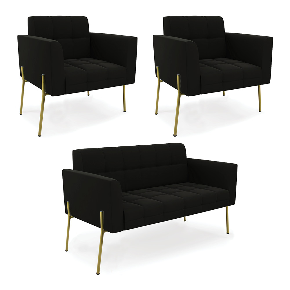 Sofá Namoradeira e 2 Poltronas Pé de Ferro Dourado Elisa Suede Preto D03 - D'Rossi