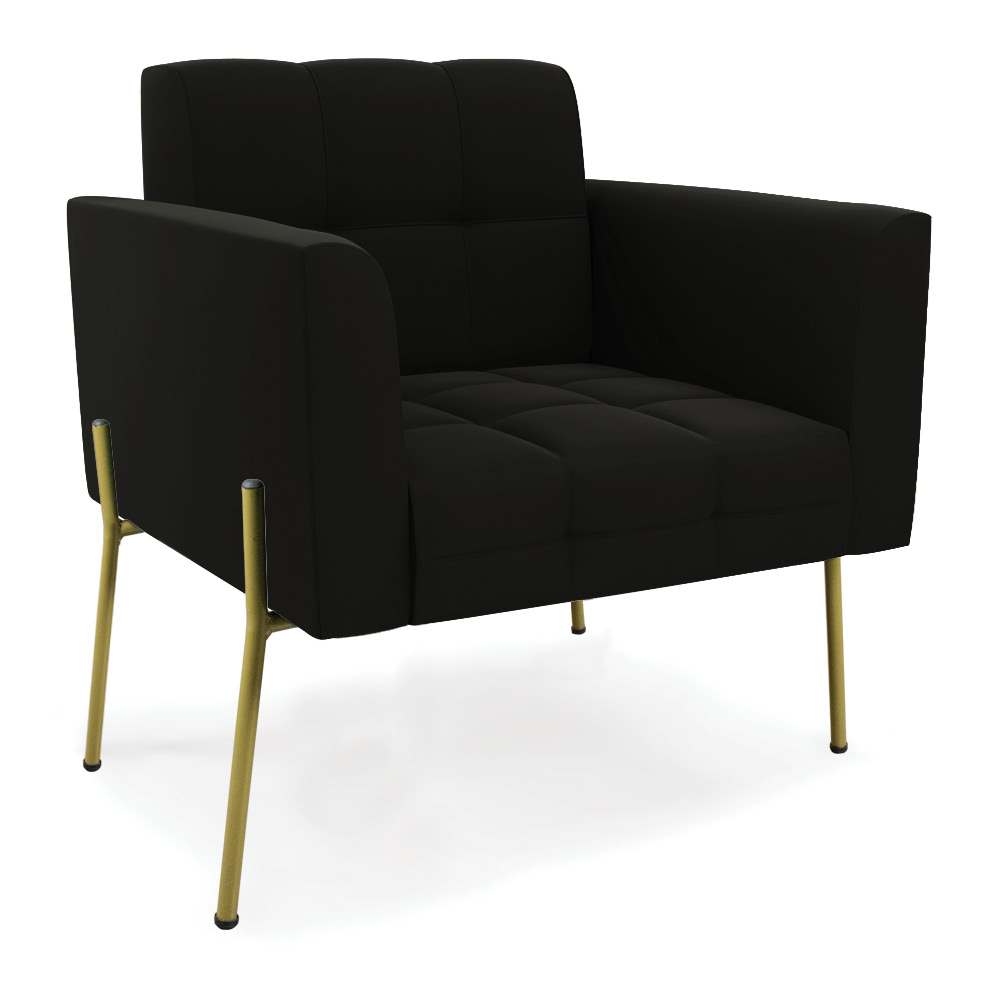 Sofá Namoradeira e 2 Poltronas Pé de Ferro Dourado Elisa Suede Preto D03 - D'Rossi